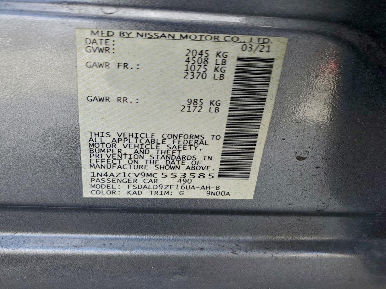 2021 Nissan Leaf Sv VIN: 1N4AZ1CV9MC553585 Lot: 94768535