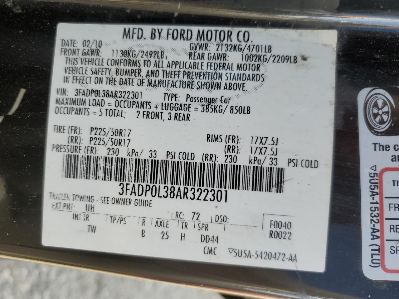 2010 Ford Fusion Hybrid VIN: 3FADP0L38AR322301 Lot: 90726025