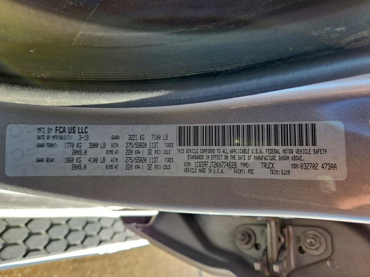 2019 Ram 1500 Laramie VIN: 1C6SRFJT2KN774628 Lot: 94407665