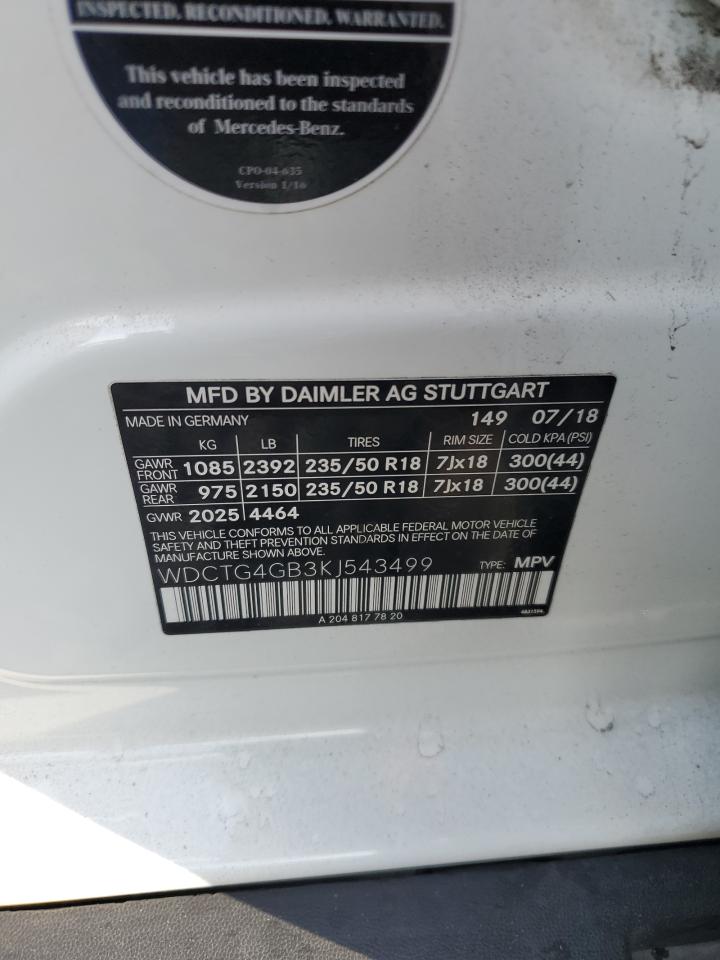 2019 Mercedes-Benz Gla 250 4Matic VIN: WDCTG4GB3KJ543499 Lot: 92761755