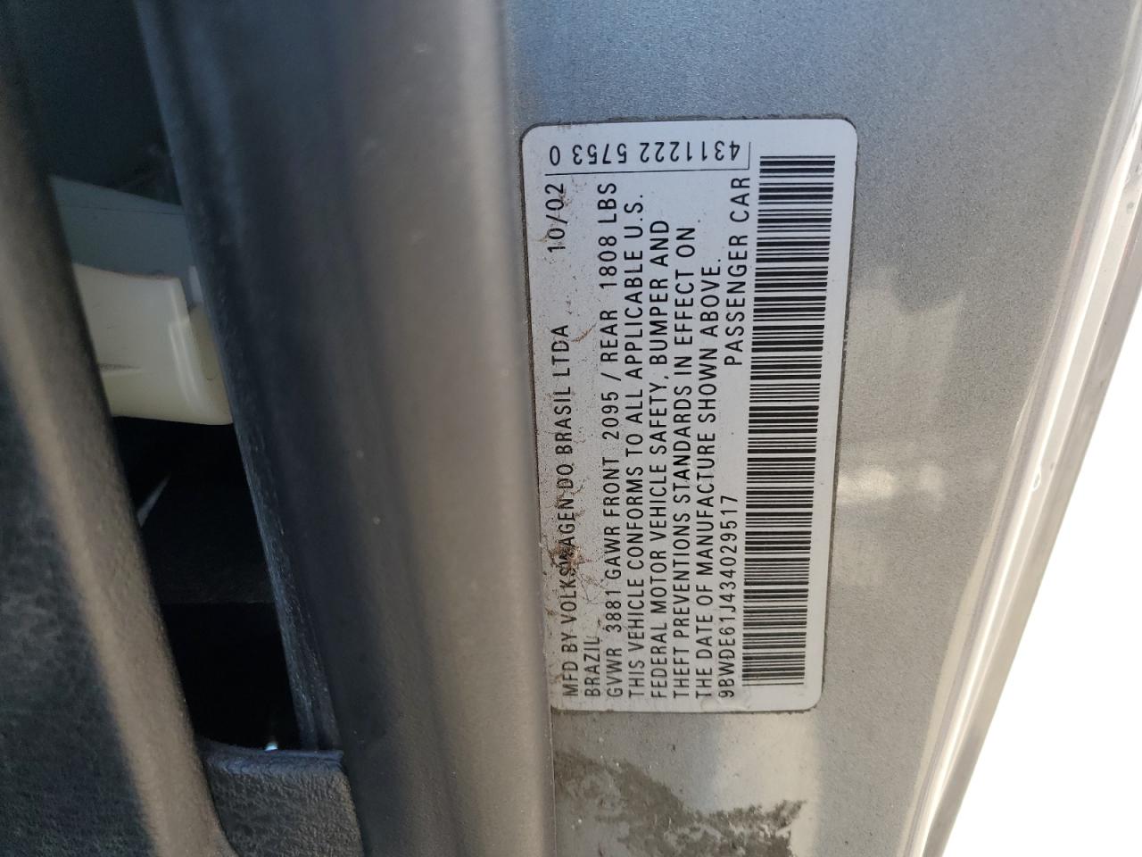 2003 Volkswagen Gti VIN: 9BWDE61J434029517 Lot: 93302395