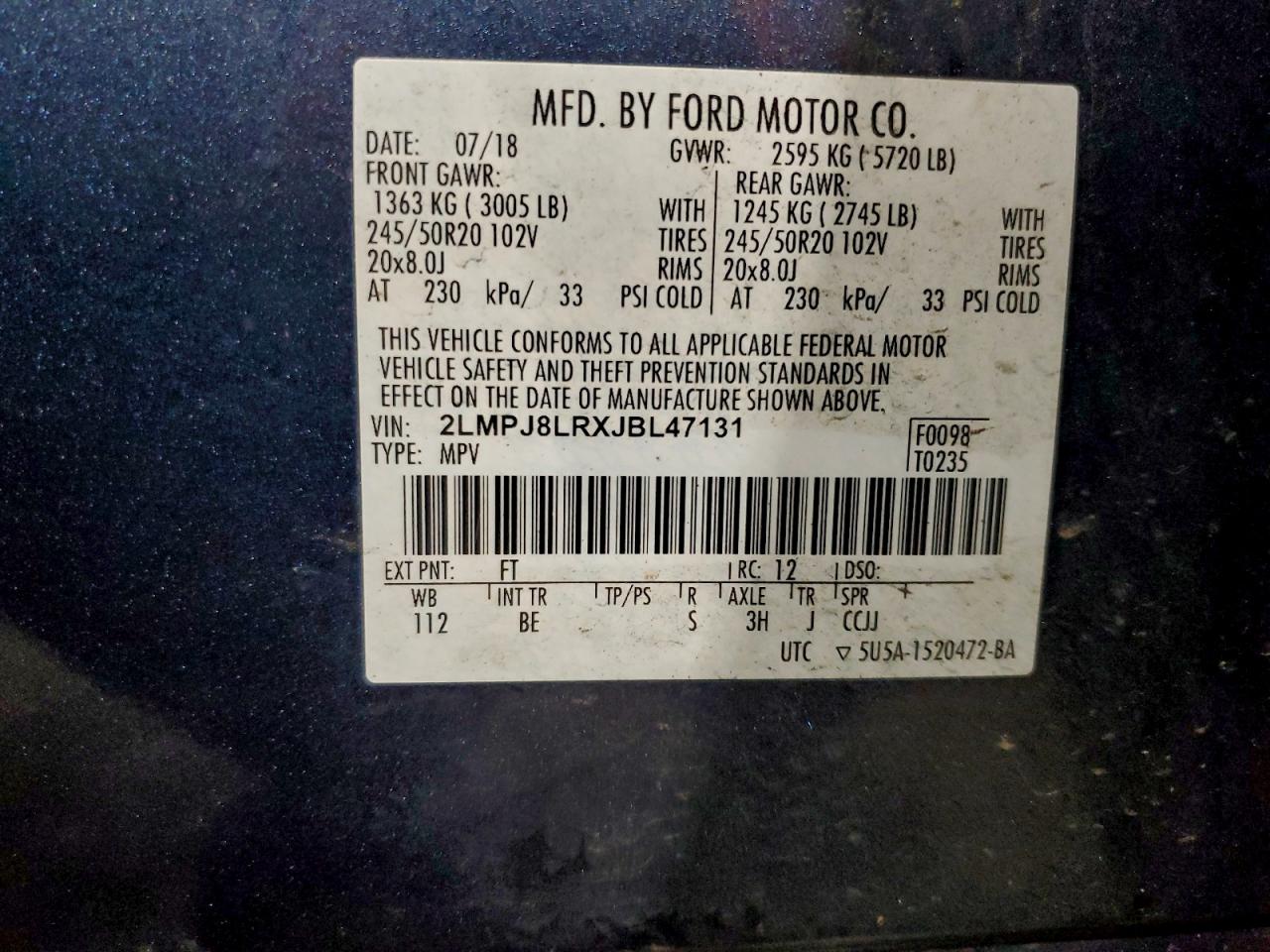 2018 Lincoln Mkx Reserve VIN: 2LMPJ8LRXJBL47131 Lot: 93757085