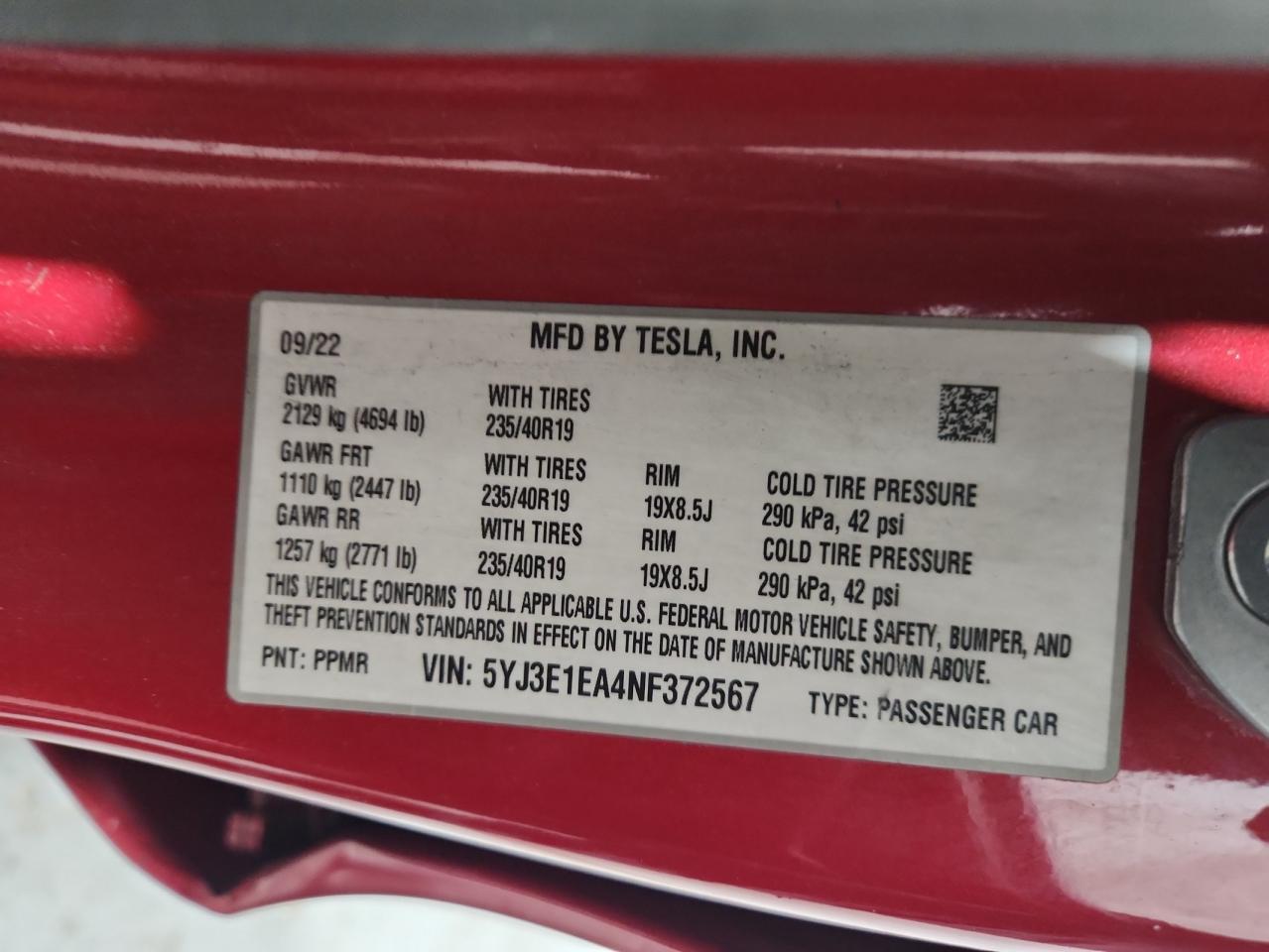 2022 Tesla Model 3 VIN: 5YJ3E1EA4NF372567 Lot: 91344425