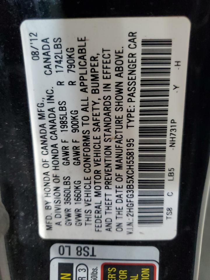 2012 Honda Civic Lx VIN: 2HGFG3B5XCH558195 Lot: 91923385