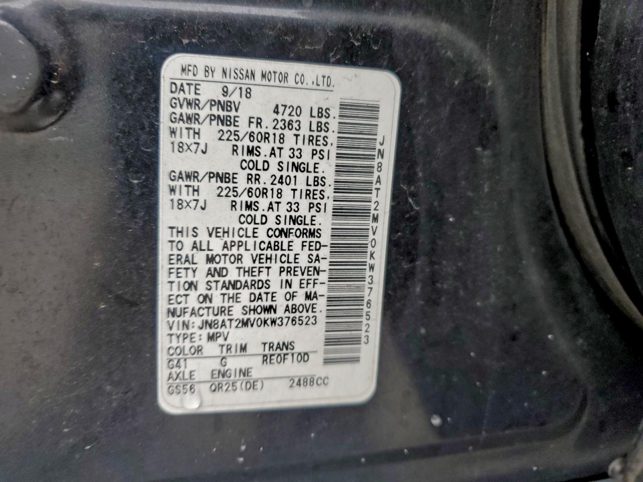 2019 Nissan Rogue S VIN: JN8AT2MV0KW376523 Lot: 93326815