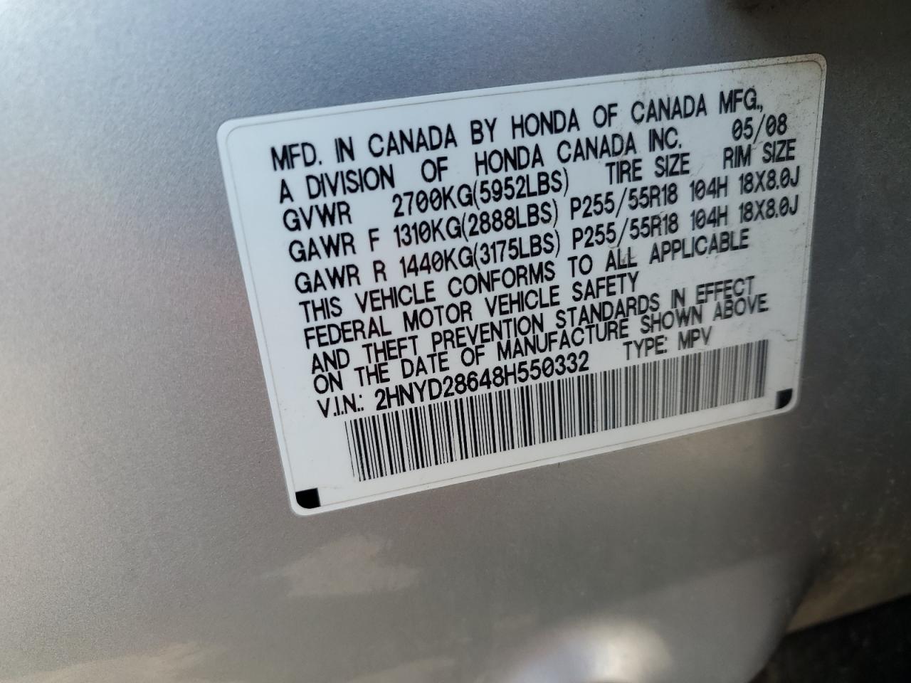 2008 Acura Mdx Technology VIN: 2HNYD28648H550332 Lot: 91638655