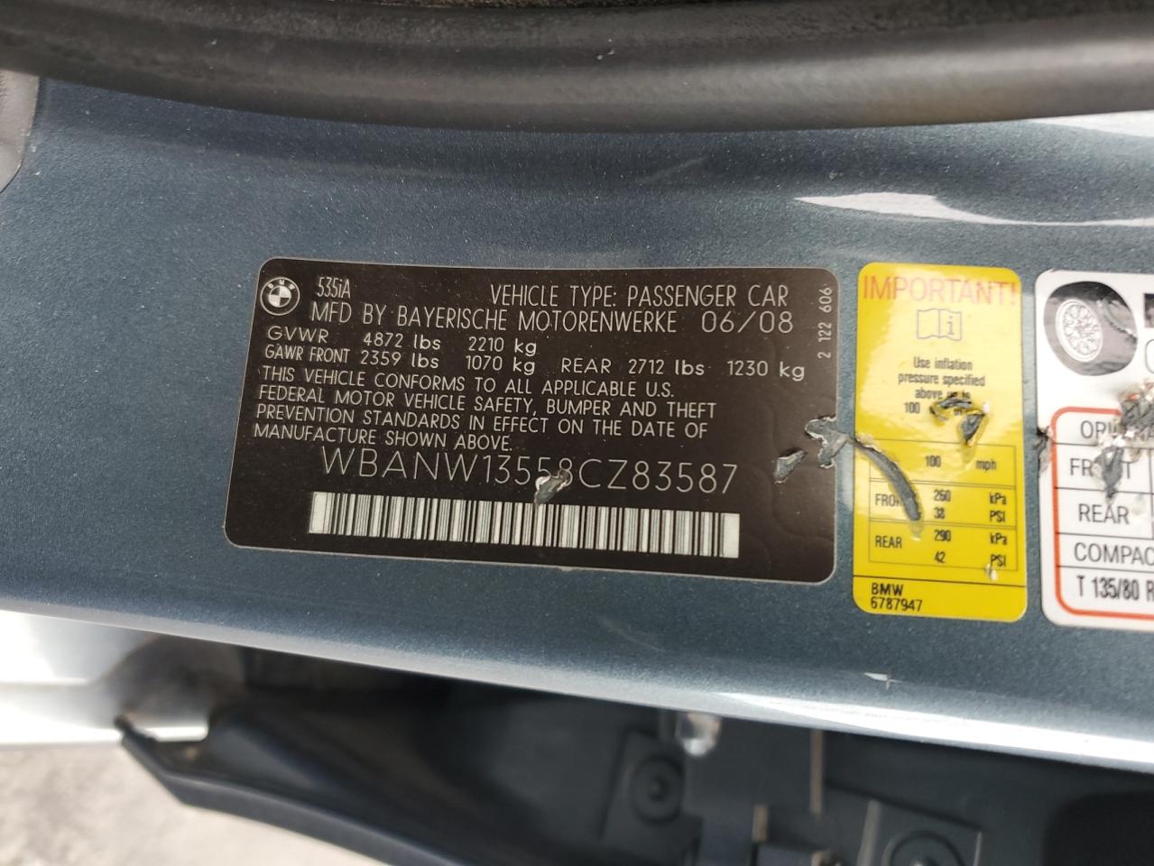2008 BMW 535 I VIN: WBANW13558CZ83587 Lot: 91712285