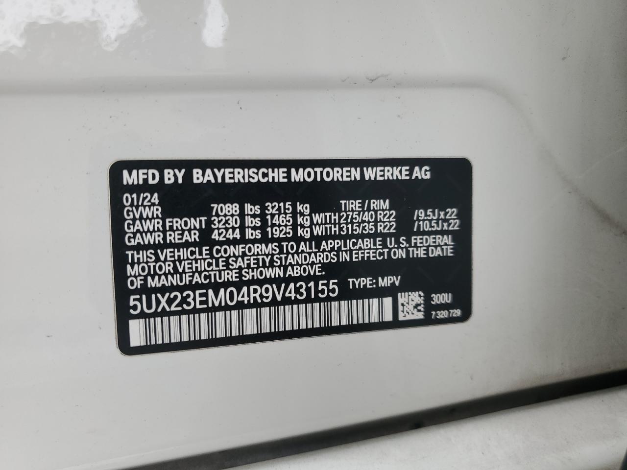 2024 BMW X7 xDrive40I VIN: 5UX23EM04R9V43155 Lot: 93248335