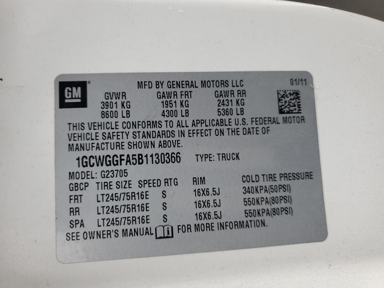 2011 Chevrolet Express G2500 Delivery Van VIN: 1GCWGGFA5B1130366 Lot: 93232235