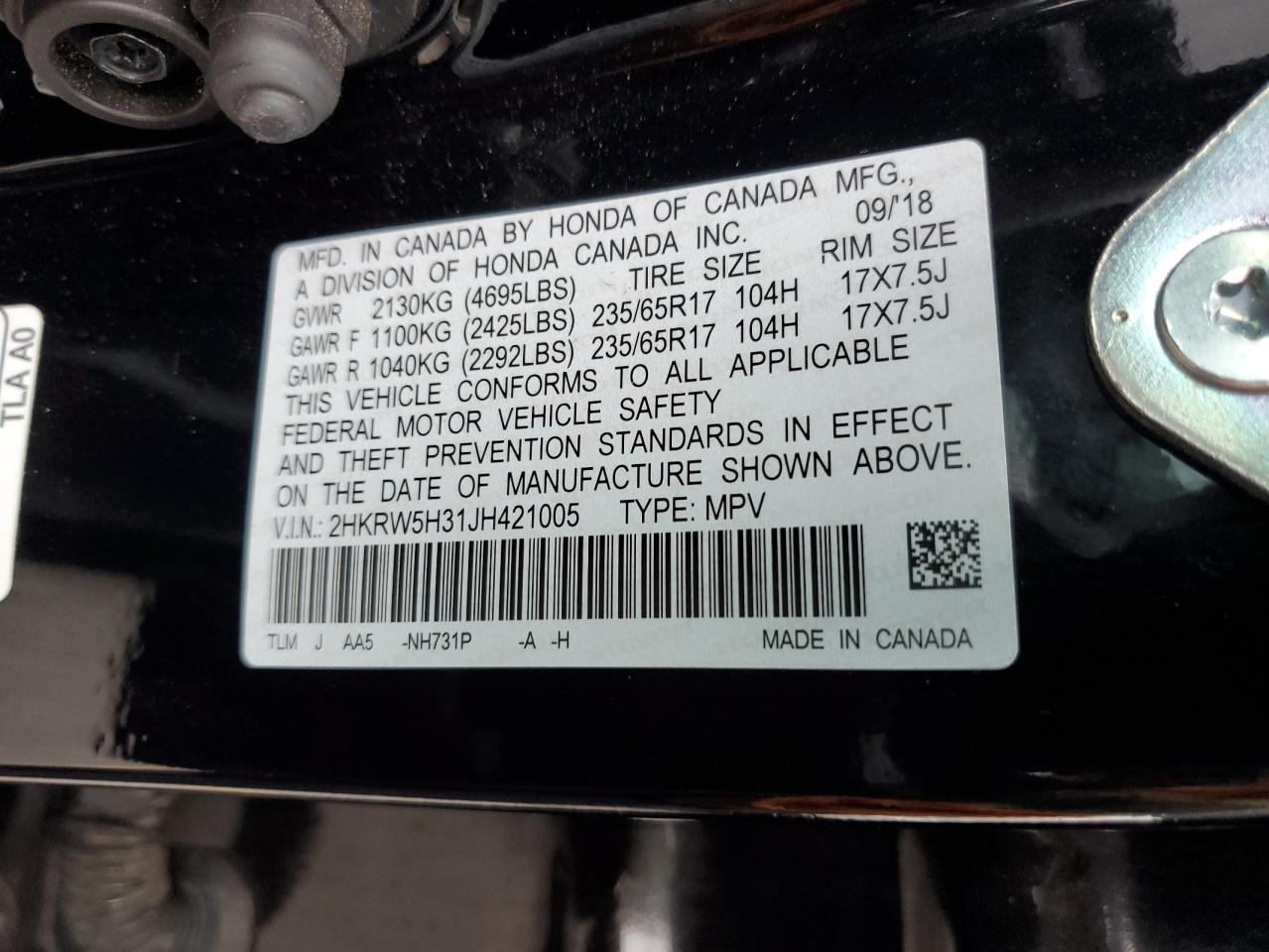 2018 Honda Cr-V Lx VIN: 2HKRW5H31JH421005 Lot: 92515465