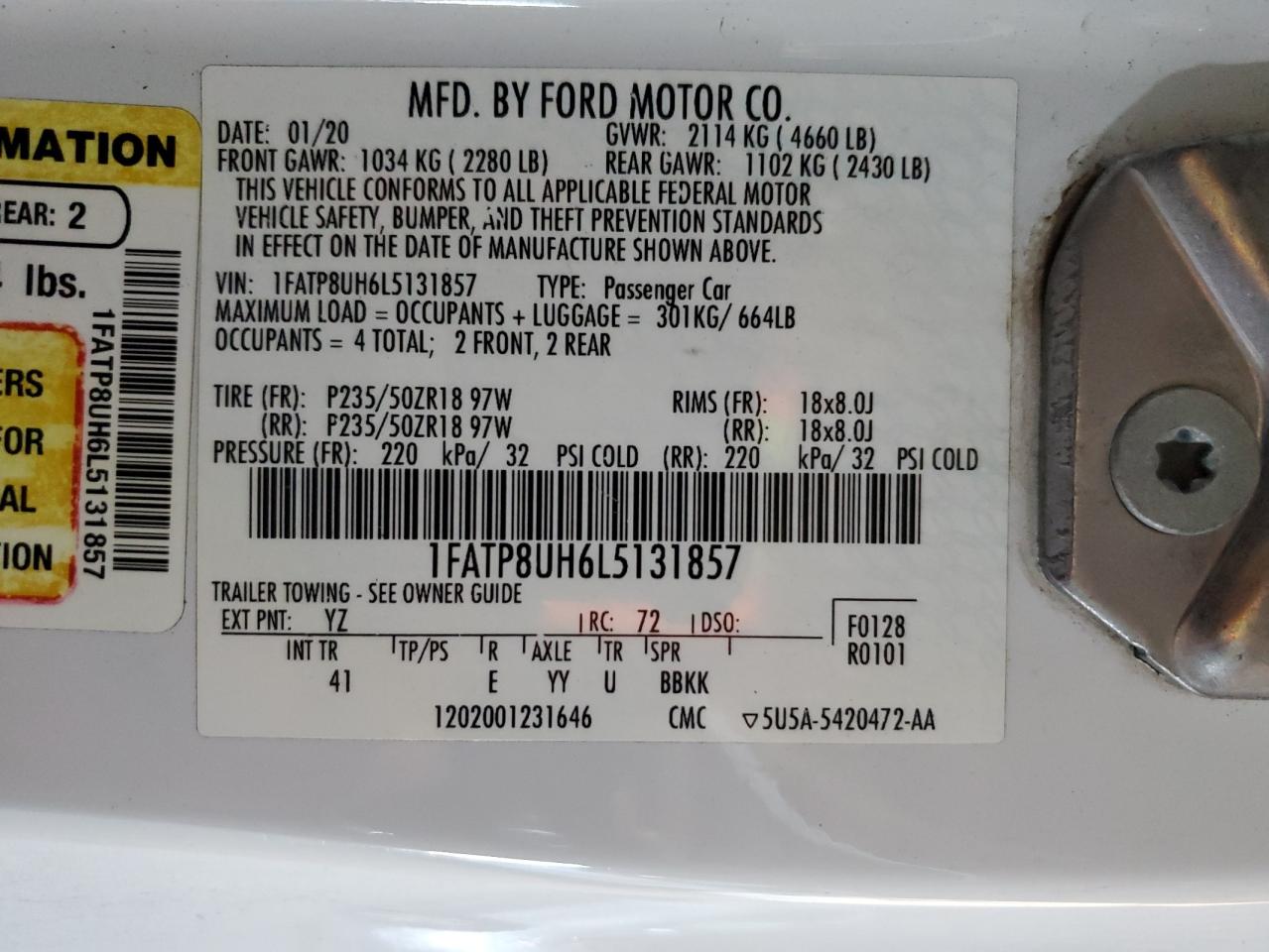 2020 Ford Mustang VIN: 1FATP8UH6L5131857 Lot: 90947125