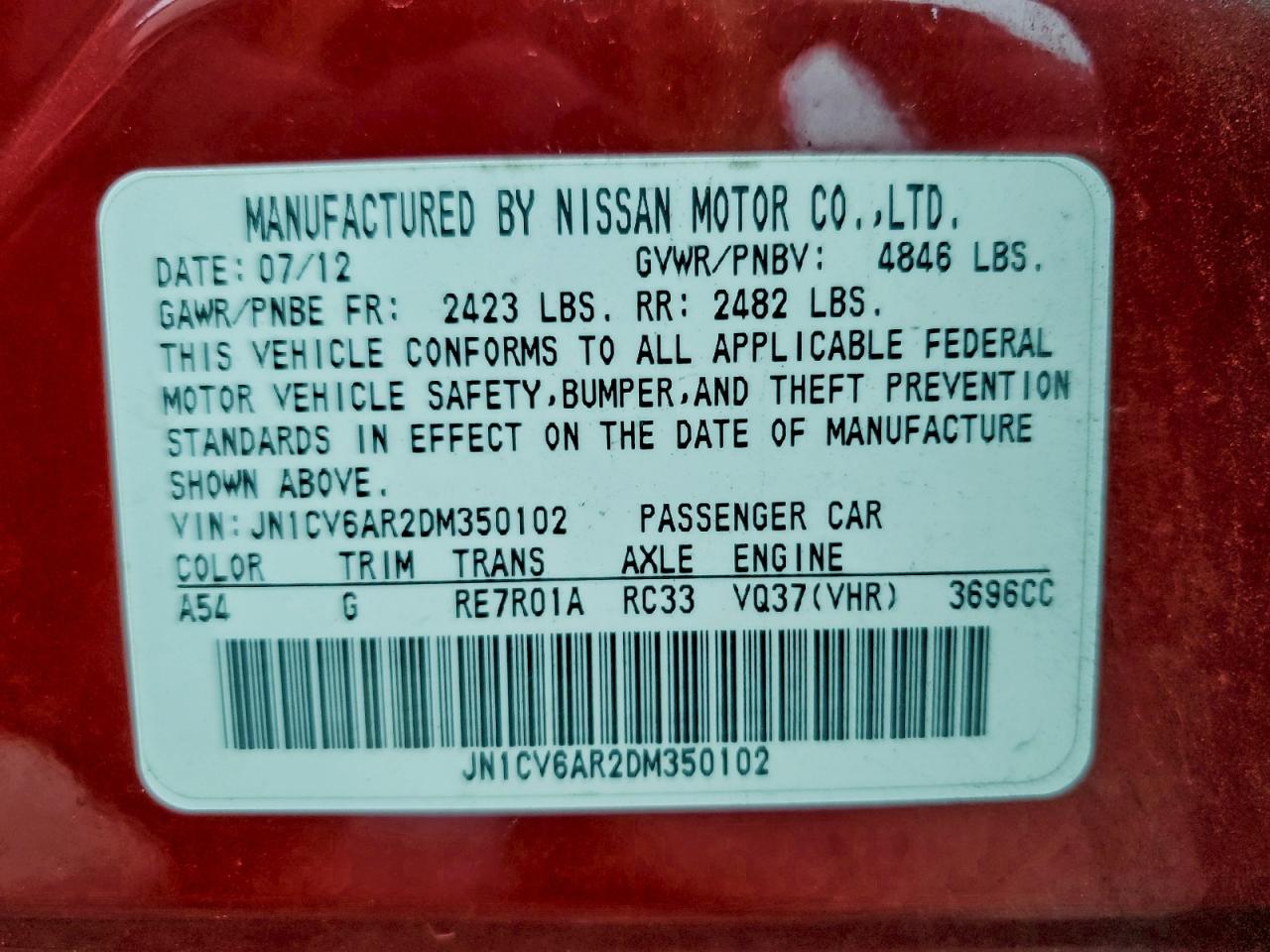 2013 Infiniti G37 VIN: JN1CV6AR2DM350102 Lot: 94107985