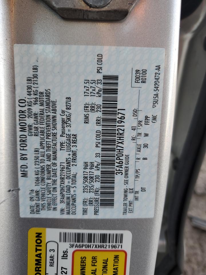 2017 Ford Fusion Se VIN: 3FA6P0H7XHR219671 Lot: 92319865