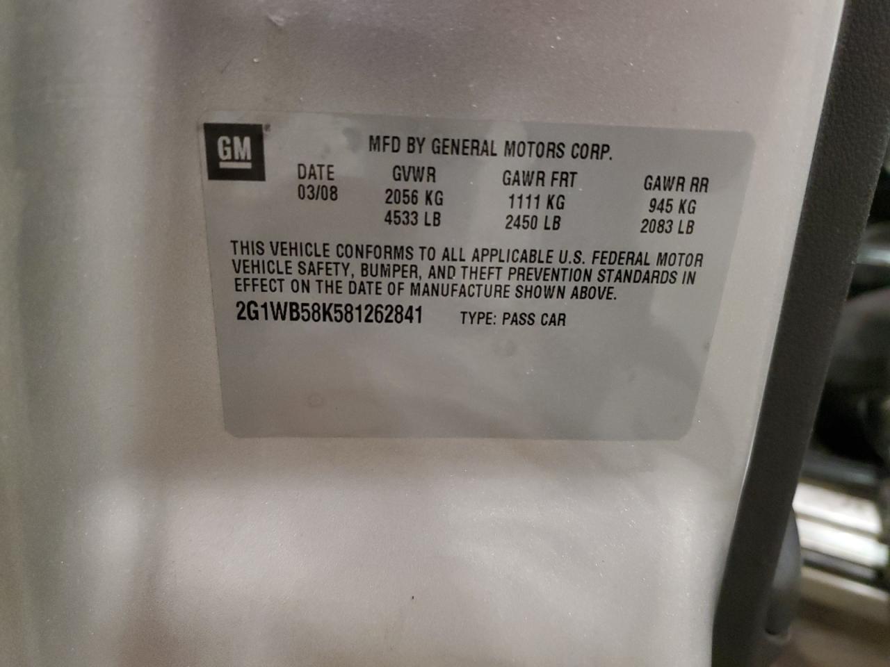 2008 Chevrolet Impala Ls VIN: 2G1WB58K581262841 Lot: 93899455