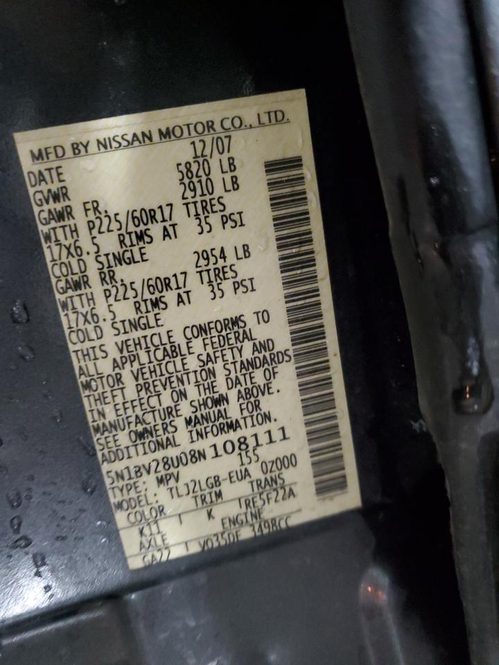 2008 Nissan Quest S VIN: 5N1BV28U08N108111 Lot: 92627045