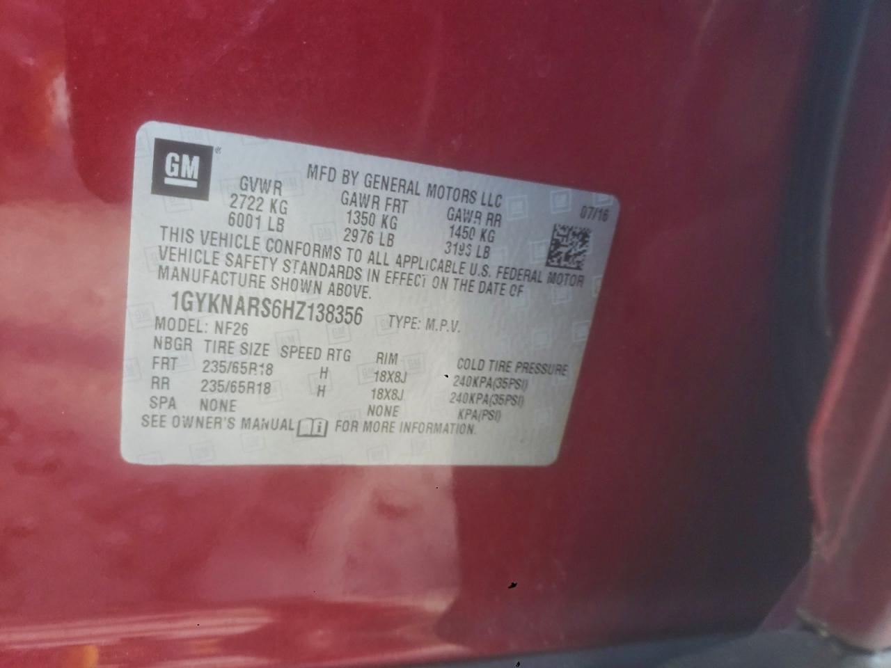 2017 Cadillac Xt5 VIN: 1GYKNARS6HZ138356 Lot: 93756285