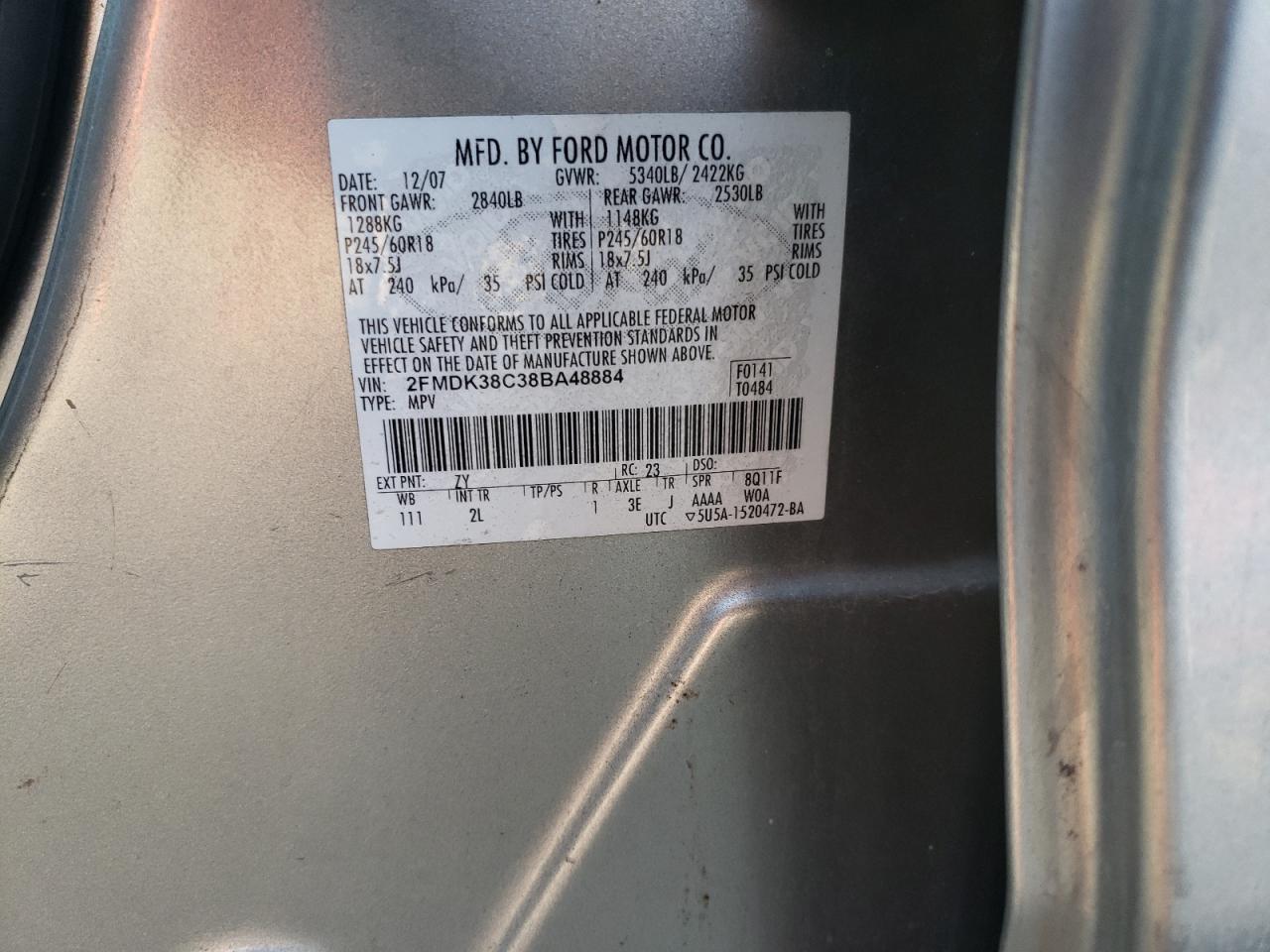 2008 Ford Edge Sel VIN: 2FMDK38C38BA48884 Lot: 93515185