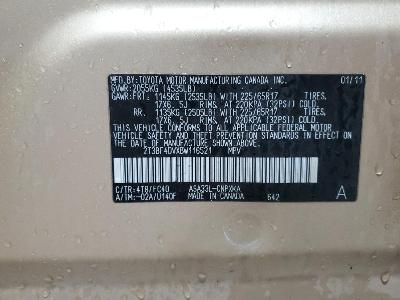 2011 Toyota Rav4 VIN: 2T3BF4DVXBW116521 Lot: 92059215