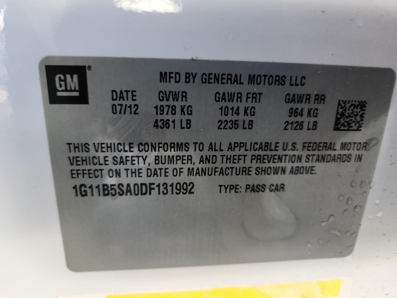 2013 Chevrolet Malibu Ls VIN: 1G11B5SA0DF131992 Lot: 92844115