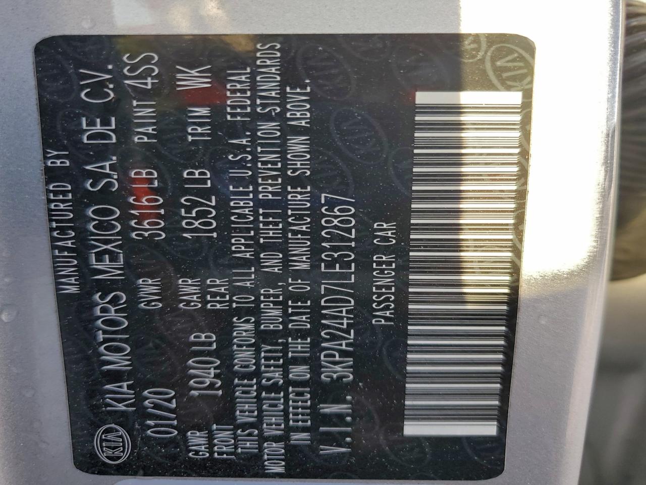 2020 Kia Rio Lx VIN: 3KPA24AD7LE312867 Lot: 93819465