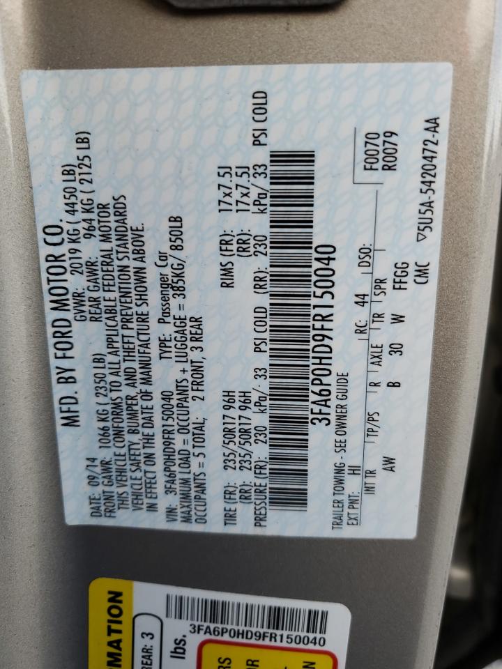 2015 Ford Fusion Se VIN: 3FA6P0HD9FR150040 Lot: 91448295