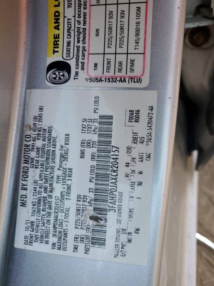 2012 Ford Fusion Sel VIN: 3FAHP0JAXCR204157 Lot: 91875565