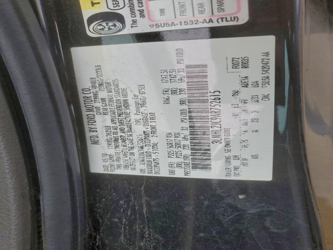 2010 Lincoln Mkz VIN: 3LNHL2JC9AR752615 Lot: 92285695