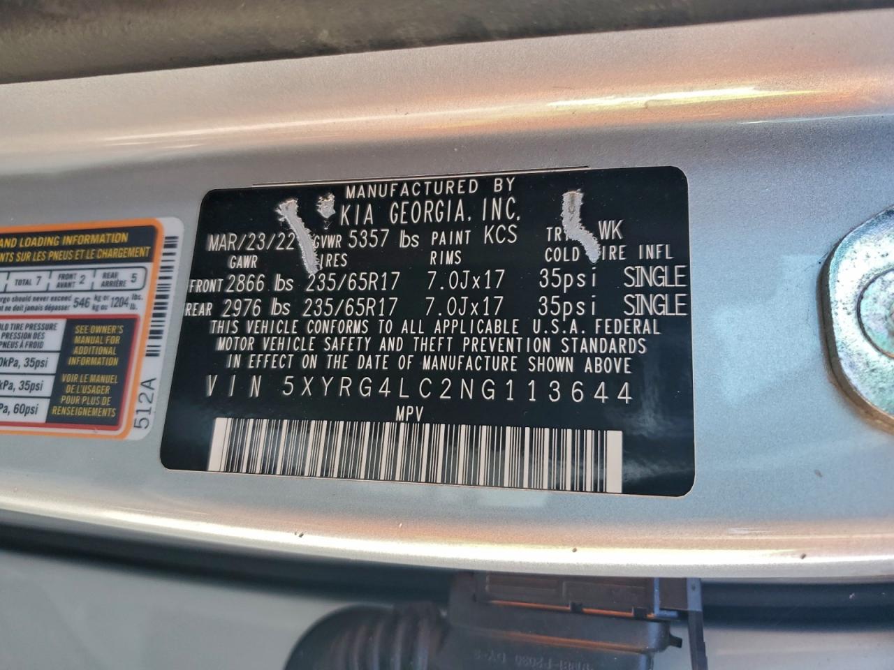 2022 Kia Sorento Lx VIN: 5XYRG4LC2NG113644 Lot: 94427865