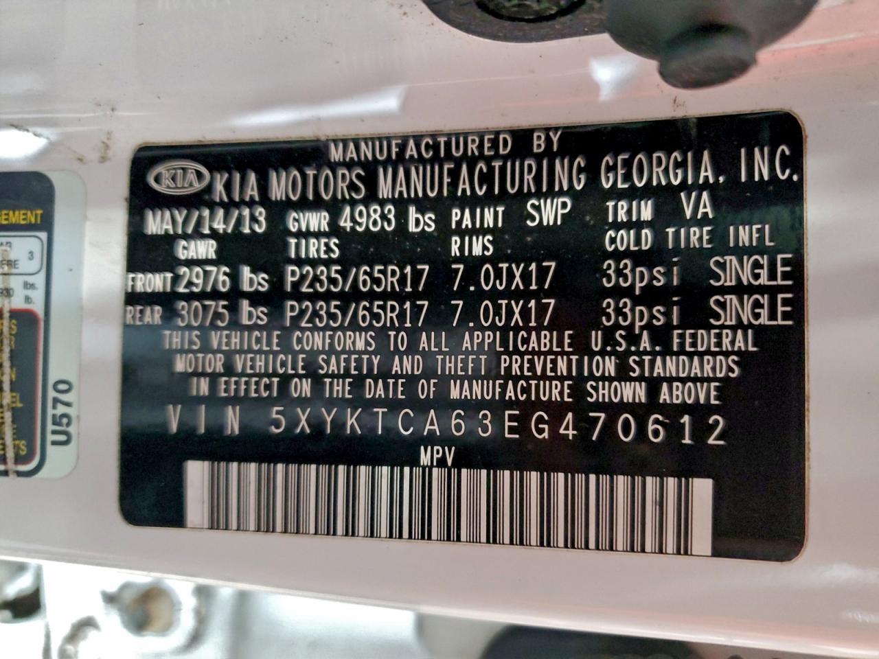 2014 Kia Sorento Lx VIN: 5XYKTCA63EG470612 Lot: 94773495