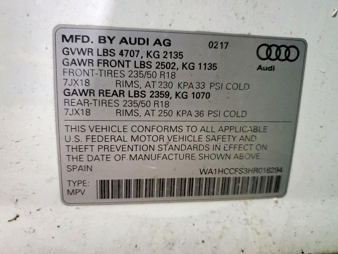 2017 Audi Q3 Premium Plus VIN: WA1HCCFS3HR016294 Lot: 92830535