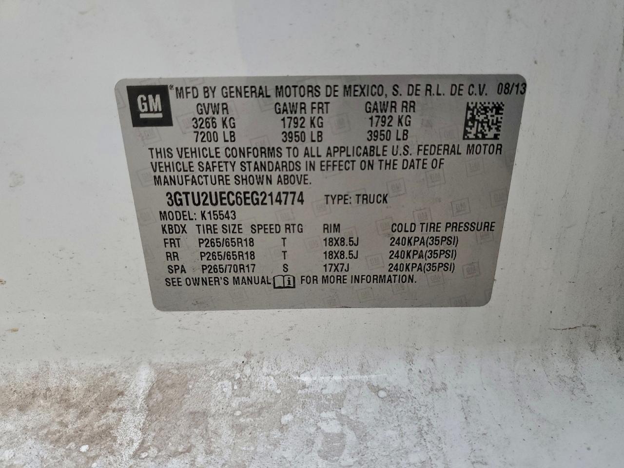 2014 GMC Sierra K1500 Sle VIN: 3GTU2UEC6EG214774 Lot: 93950615