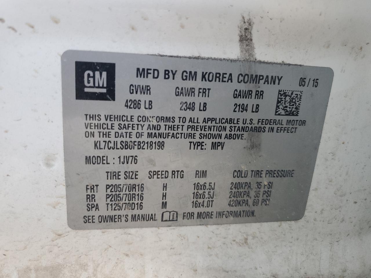 2015 Chevrolet Trax 1Lt VIN: KL7CJLSB0FB218198 Lot: 91584725