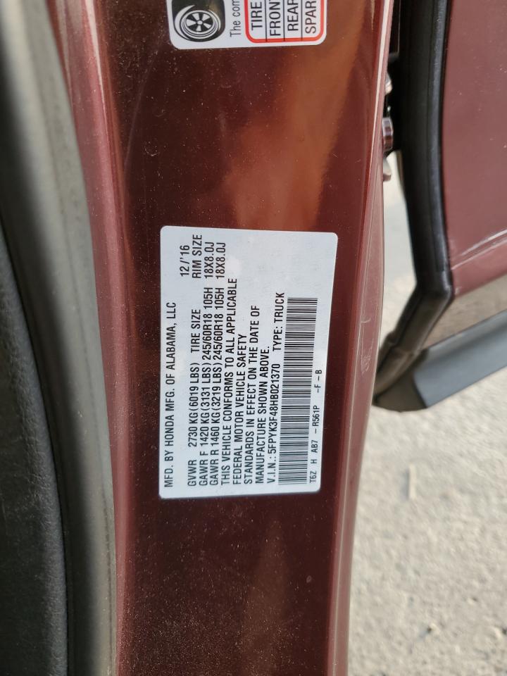 2017 Honda Ridgeline Rts VIN: 5FPYK3F48HB021370 Lot: 92316485