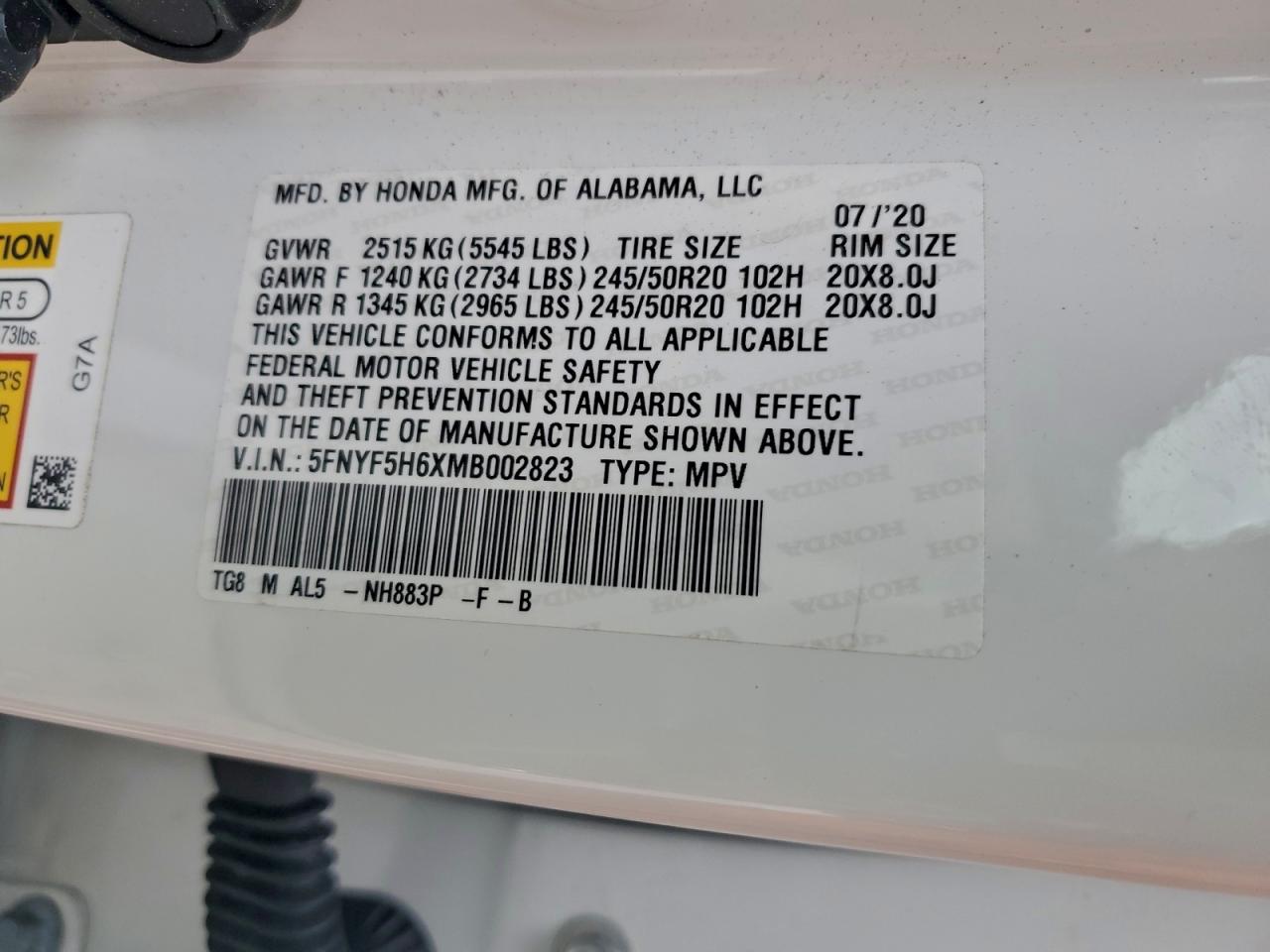 2021 Honda Pilot Touring VIN: 5FNYF5H6XMB002823 Lot: 93885745