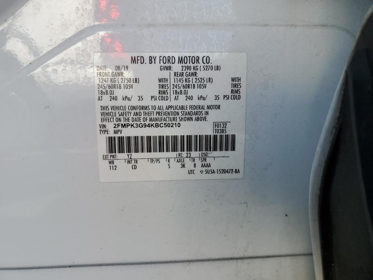 2019 Ford Edge Se VIN: 2FMPK3G94KBC50210 Lot: 90536035