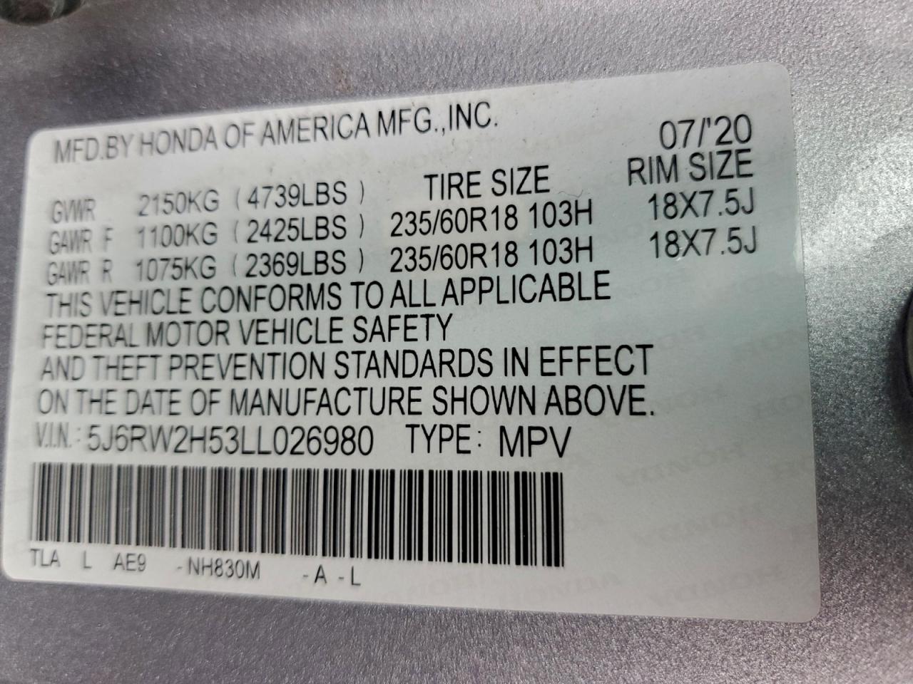 2020 Honda Cr-V Ex VIN: 5J6RW2H53LL026980 Lot: 93734585