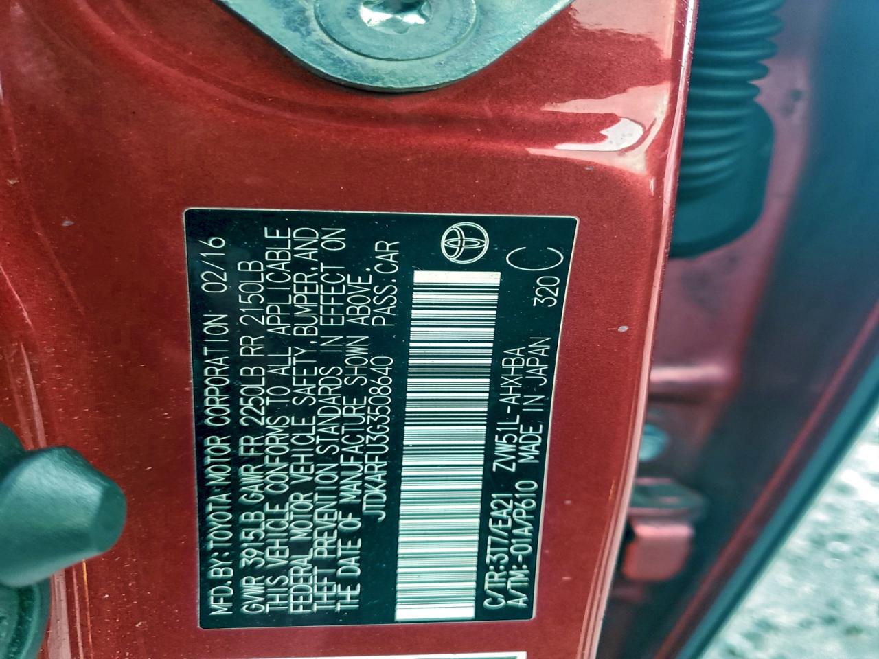 2016 Toyota Prius VIN: JTDKARFU3G3508640 Lot: 93749905