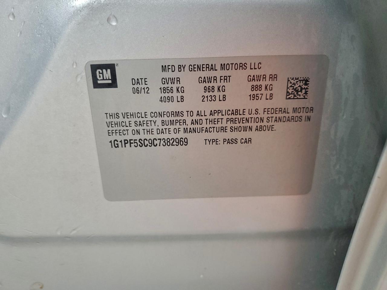 2012 Chevrolet Cruze Lt VIN: 1G1PF5SC9C7382969 Lot: 94062125