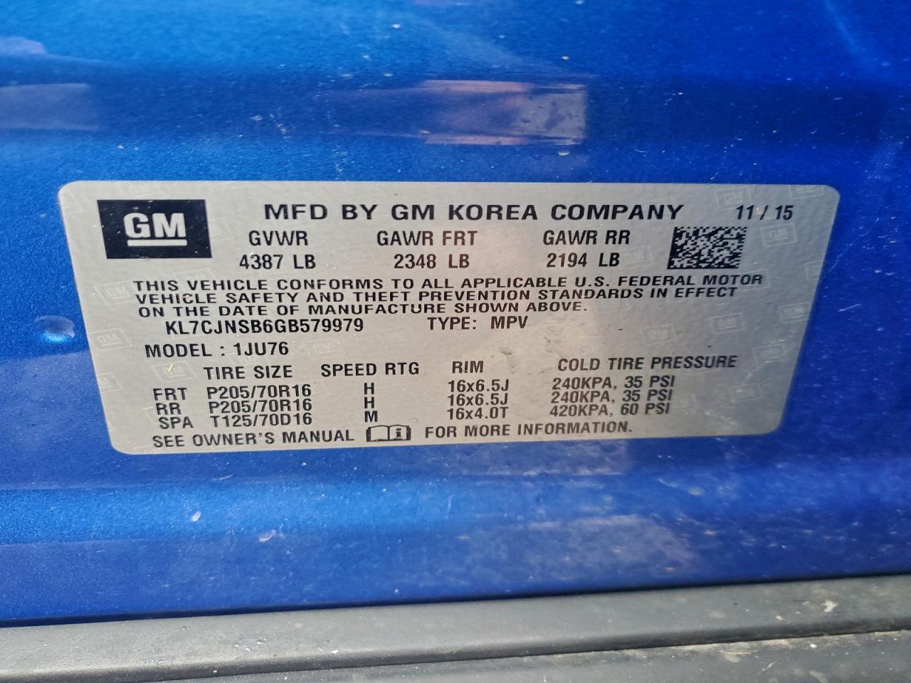 2016 Chevrolet Trax Ls VIN: KL7CJNSB6GB579979 Lot: 93848375