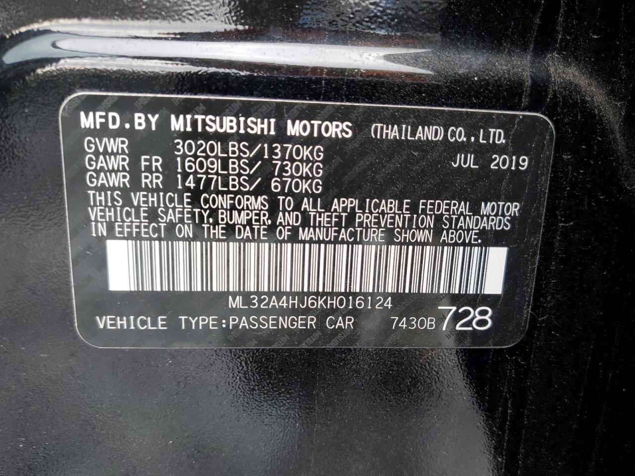 2019 Mitsubishi Mirage Se VIN: ML32A4HJ6KH016124 Lot: 91688075