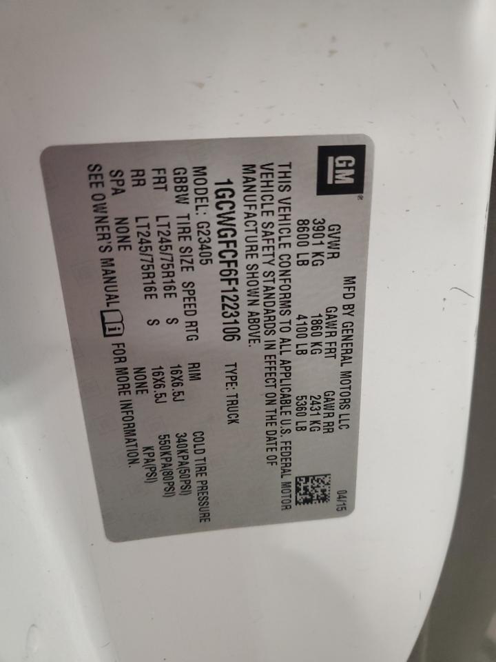 2015 Chevrolet Express Delivery Van VIN: 1GCWGFCF6F1223106 Lot: 92871065