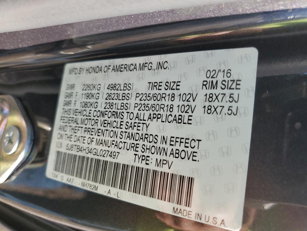 2016 Acura Rdx VIN: 5J8TB4H34GL027497 Lot: 91130145