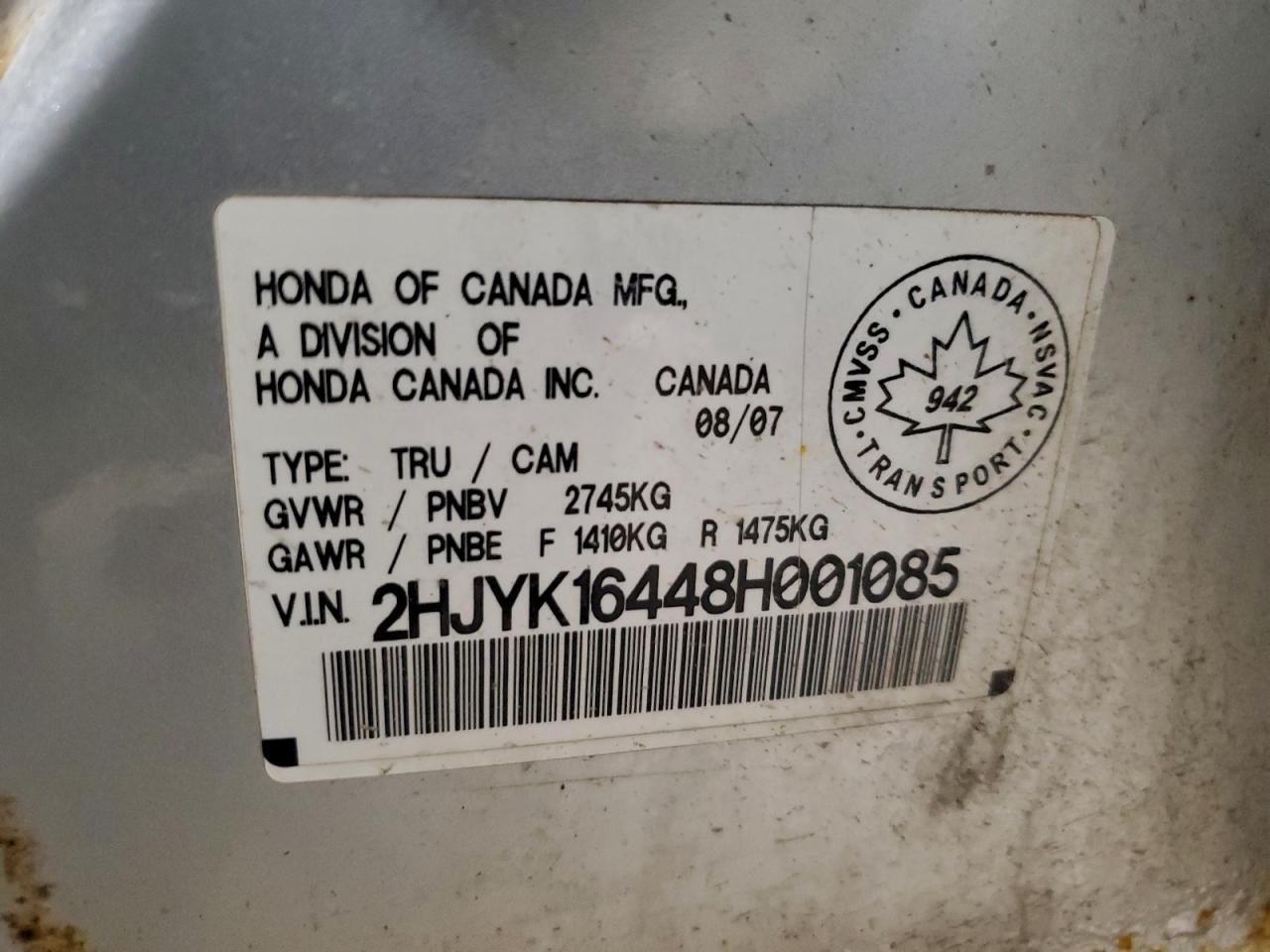 2008 Honda Ridgeline Rts VIN: 2HJYK16448H001085 Lot: 94625635