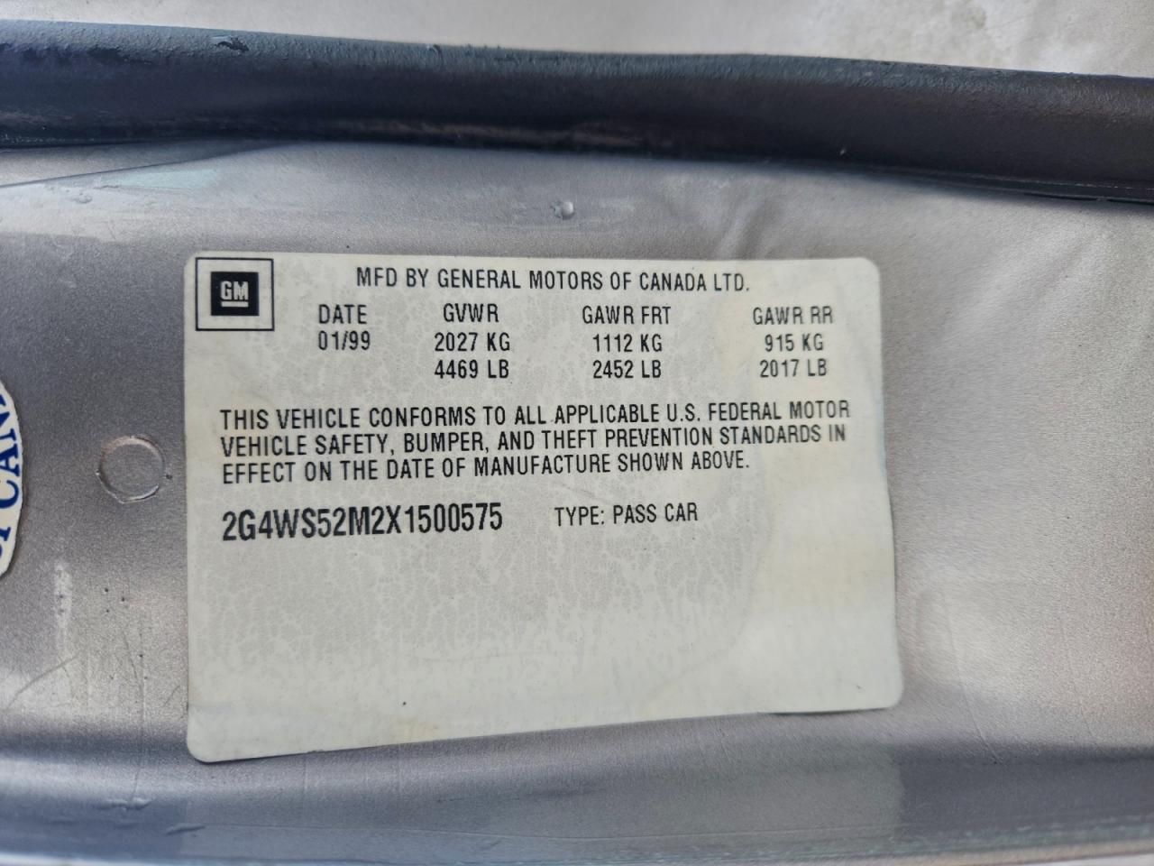 1999 Buick Century Custom VIN: 2G4WS52M2X1500575 Lot: 94318575