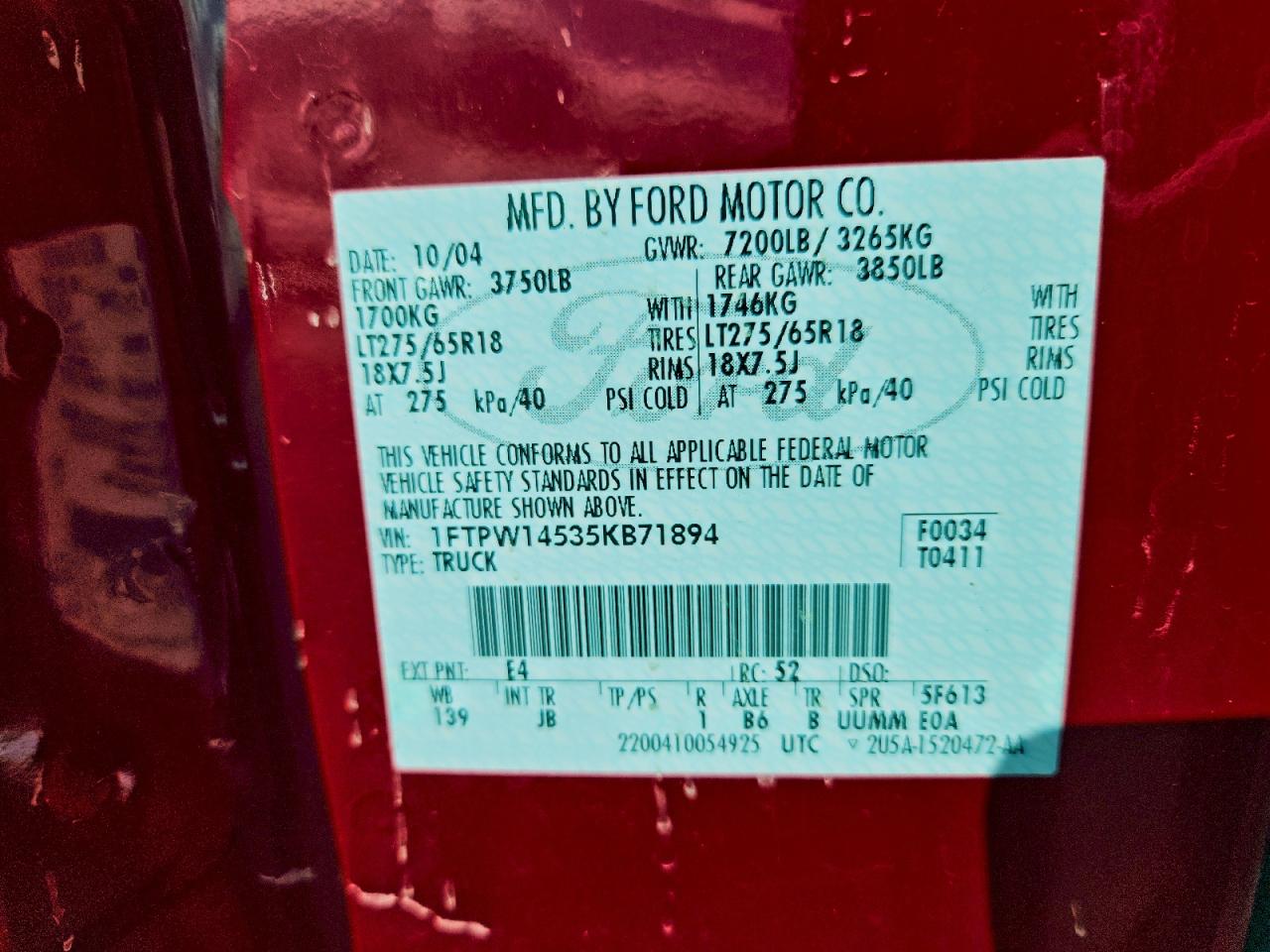 2005 Ford F150 Supercrew VIN: 1FTPW14535KB71894 Lot: 94354645