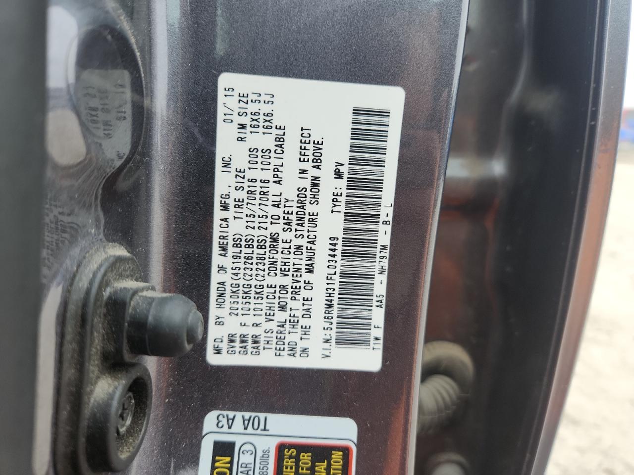 2015 Honda Cr-V Lx VIN: 5J6RM4H31FL034449 Lot: 92882545