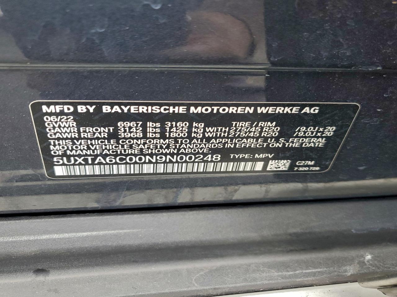 2022 BMW X5 xDrive45E VIN: 5UXTA6C00N9N00248 Lot: 93977655