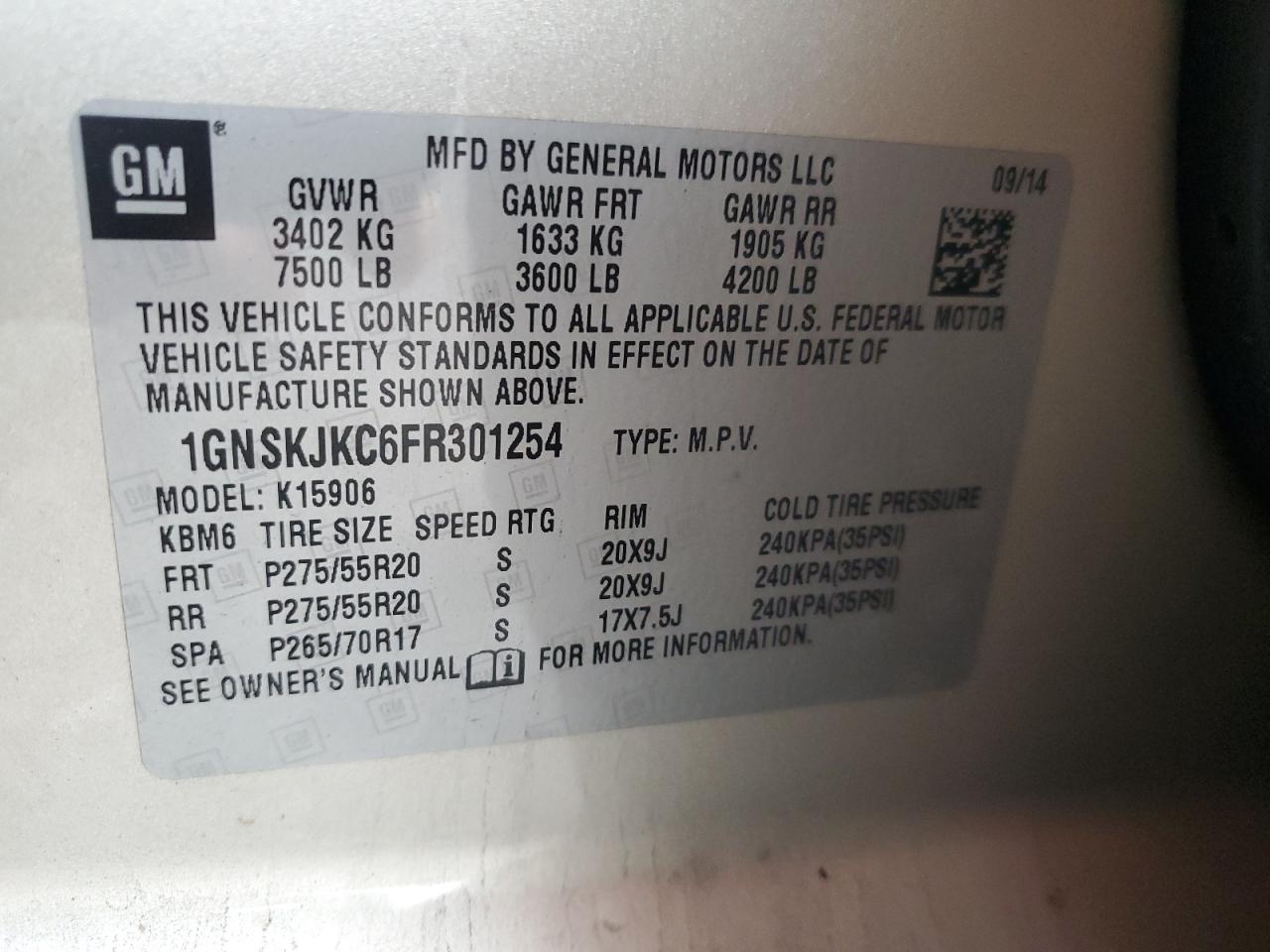 2015 Chevrolet Suburban K1500 Lt VIN: 1GNSKJKC6FR301254 Lot: 93713925