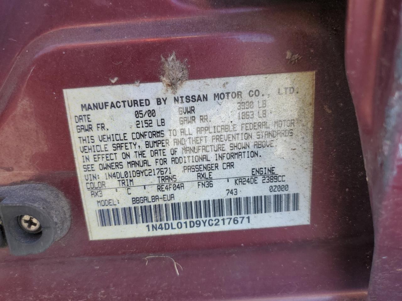 2000 Nissan Altima Xe VIN: 1N4DL01D9YC217671 Lot: 90782805