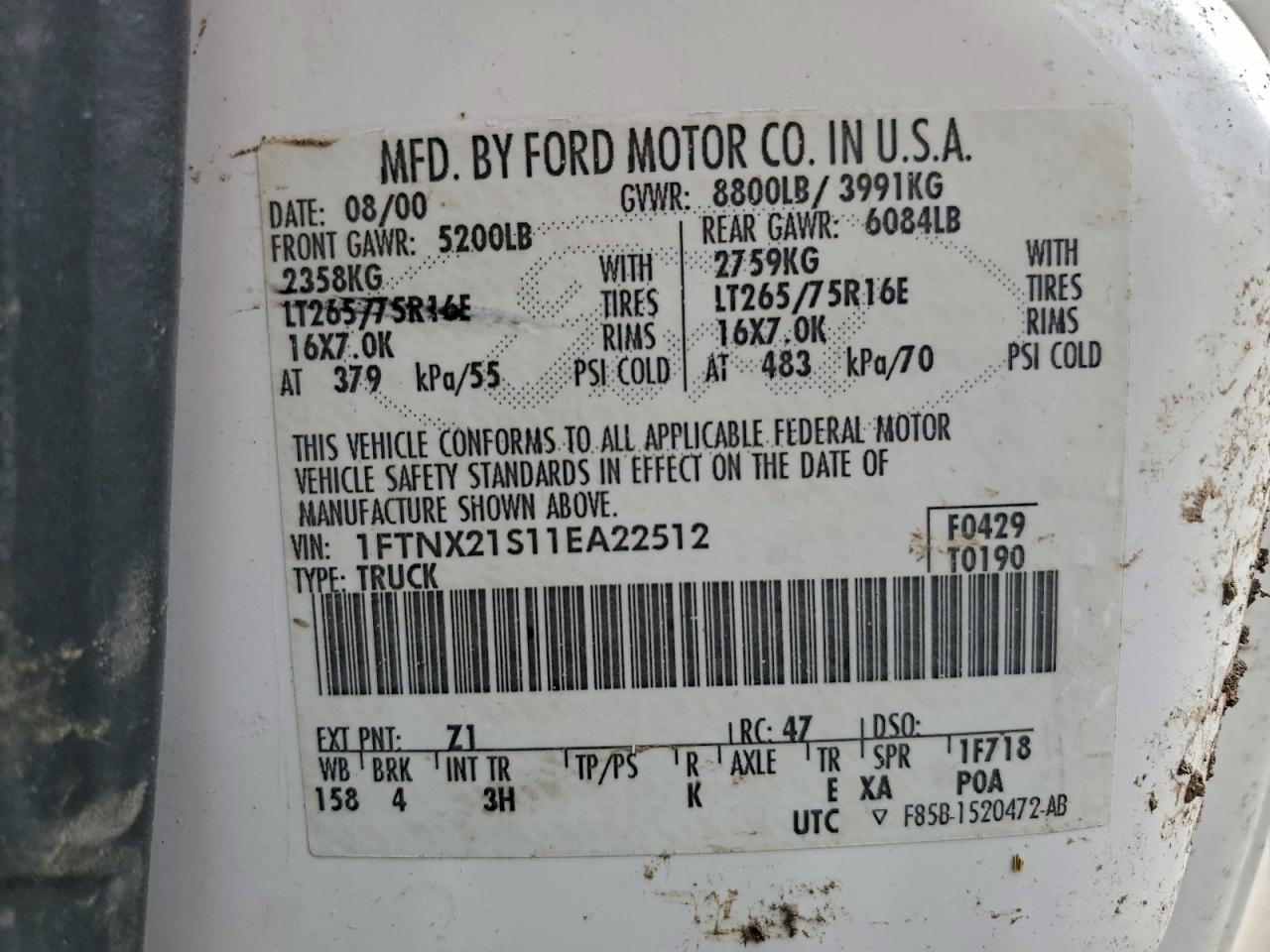 2001 Ford F250 Super Duty VIN: 1FTNX21S11EA22512 Lot: 93750975